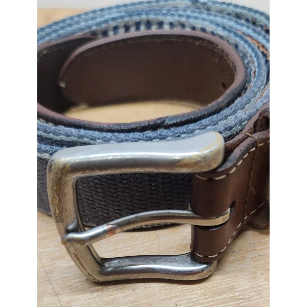 Peter Millar Mens Canvas Leather Belt Grey Brown Striped Solid Brass Buckle